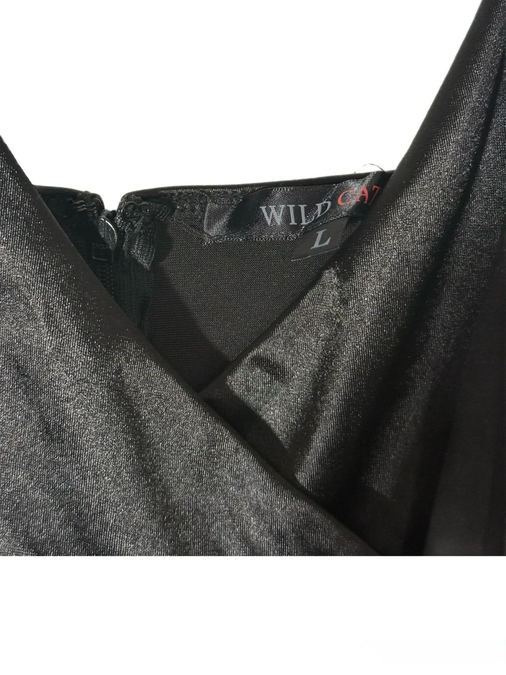 Satin Black Mini Slip Dress with Draped V-Neck - Picture 3 of 4